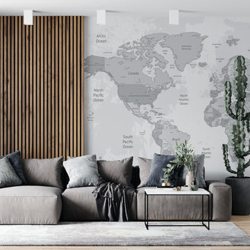 Papel de Parede Adesivo Mapa Mundi Wood Preto e Branco